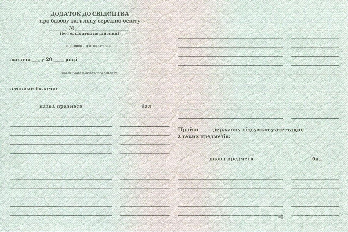 Украинский аттестат за 9 класс - Обратная сторона приложения- Кривой Рог